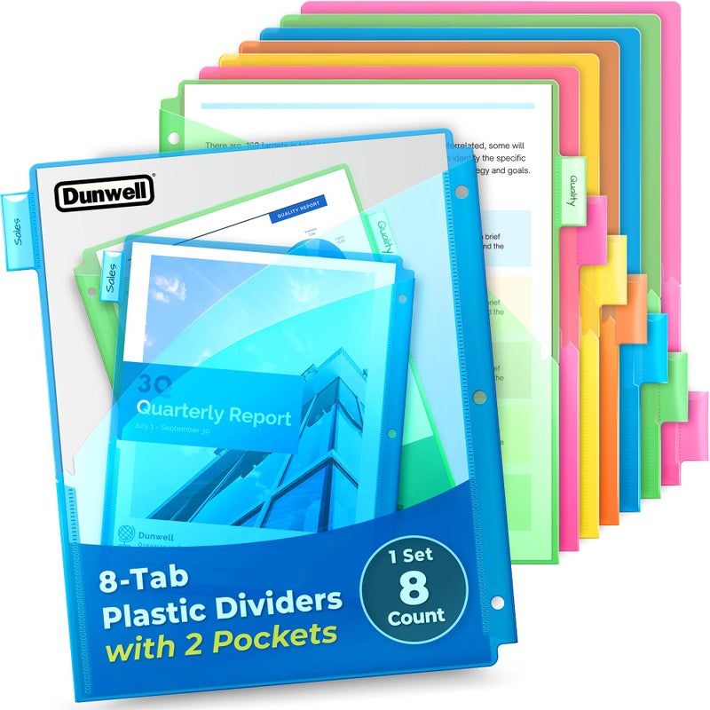 Dunwell 8 Tab Binder Dividers with Two Pockets, Plastic Slash Pocket Dividers with Tabs, Multicolor, 3 Ring Binider Pocket with Index Tab, Acid-Free, Poly Notebook Divider, Includes Label Inserts - Image 1